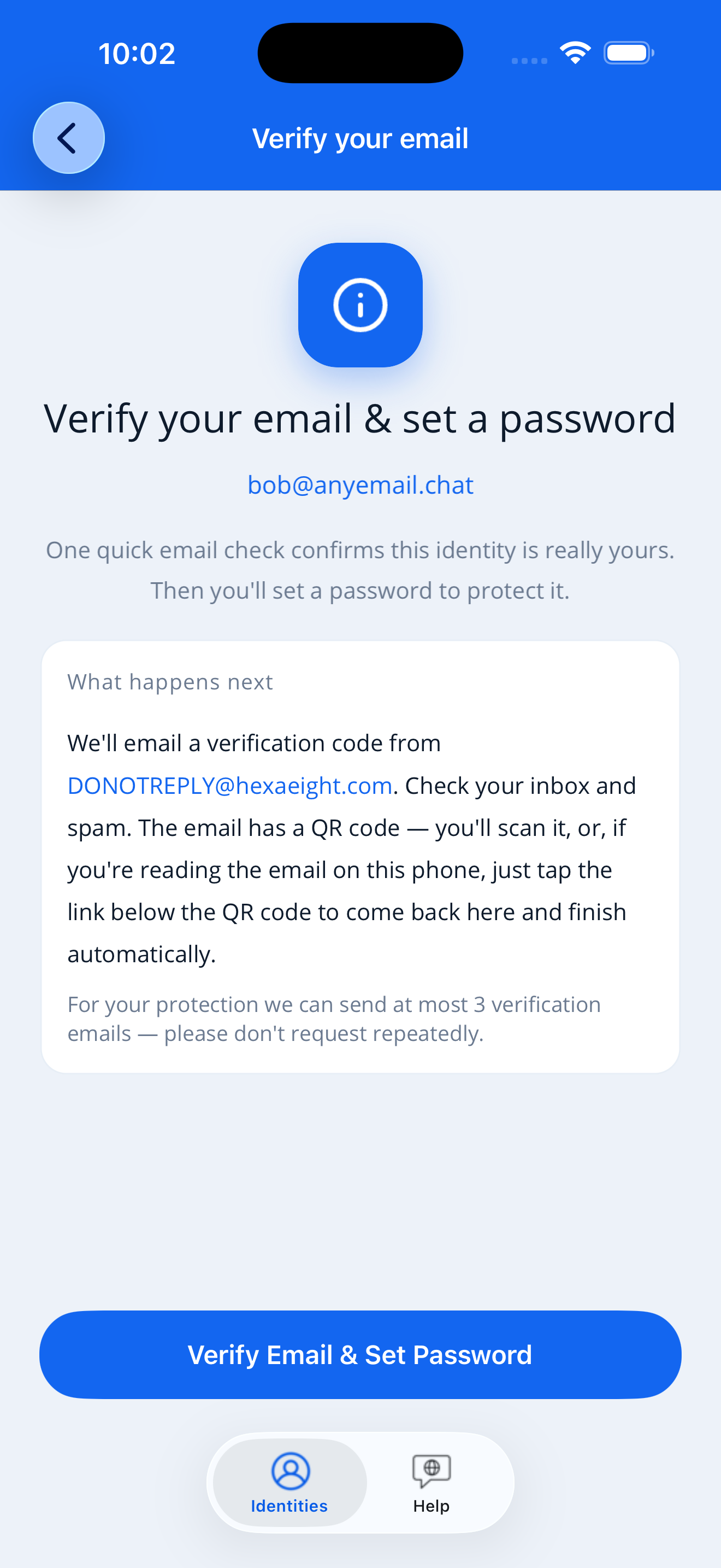 The Verify your email and set a password screen, explaining that a verification code will be emailed containing a QR code.
