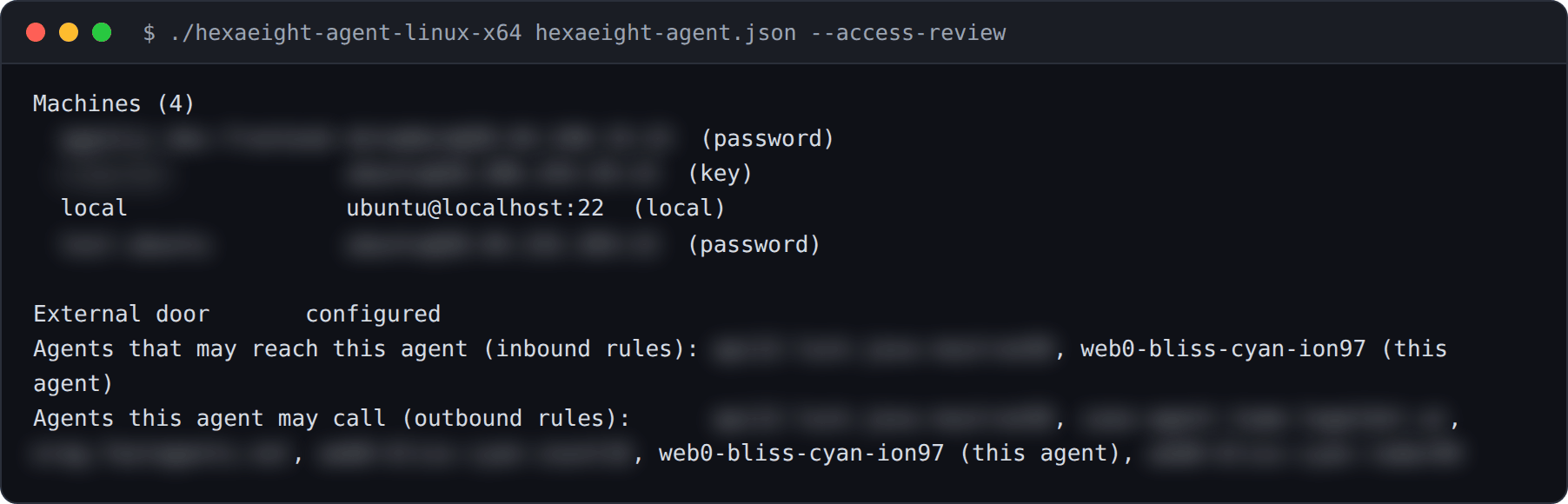 Terminal: the four machines this agent can reach, with every name and address blurred except the local one, whether other software can call it, and the agents it may reach or be reached by, with other agents' names blurred.