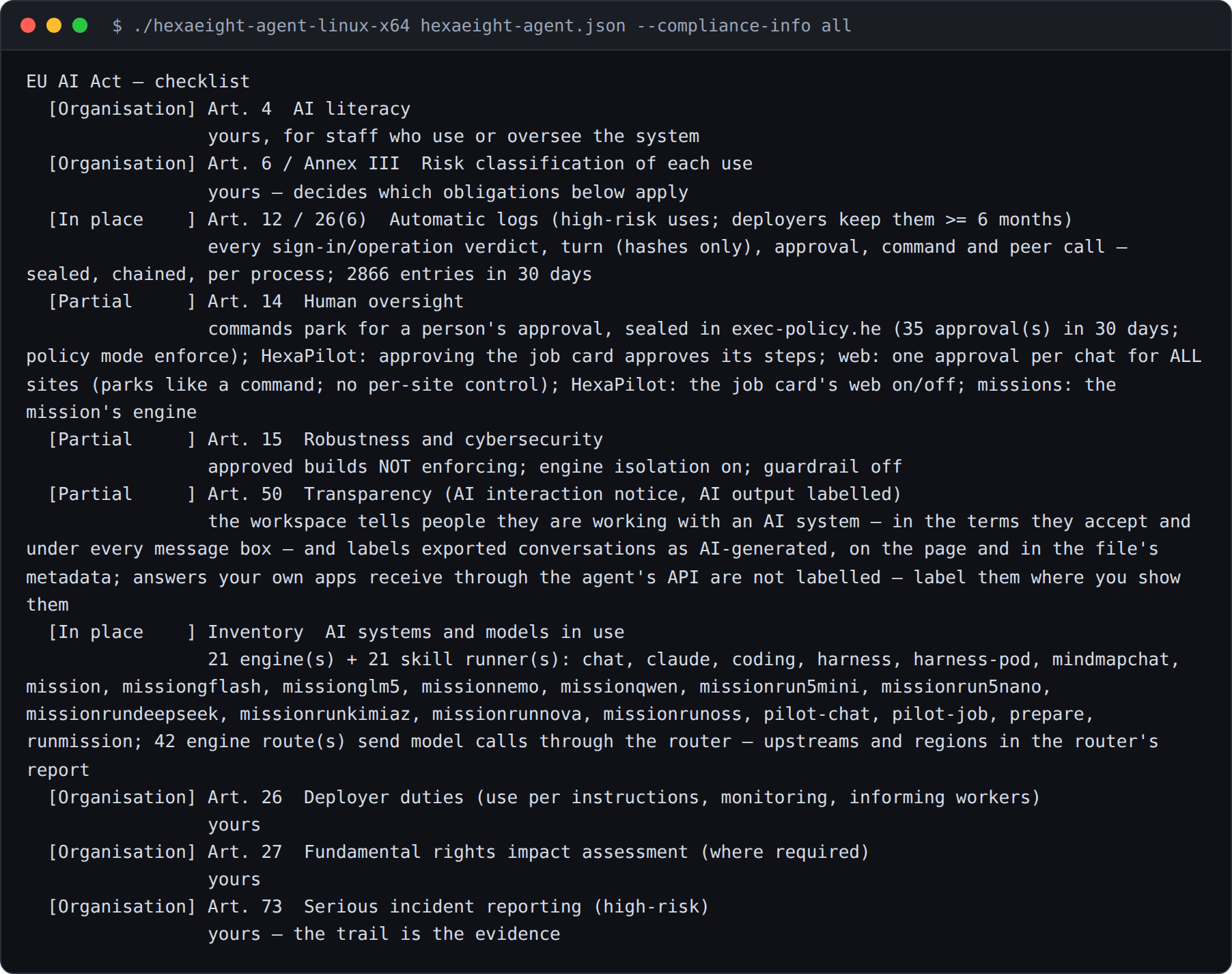 Terminal: the EU AI Act checklist, from AI literacy and risk classification to logs, human oversight, robustness, transparency and the inventory of models in use.