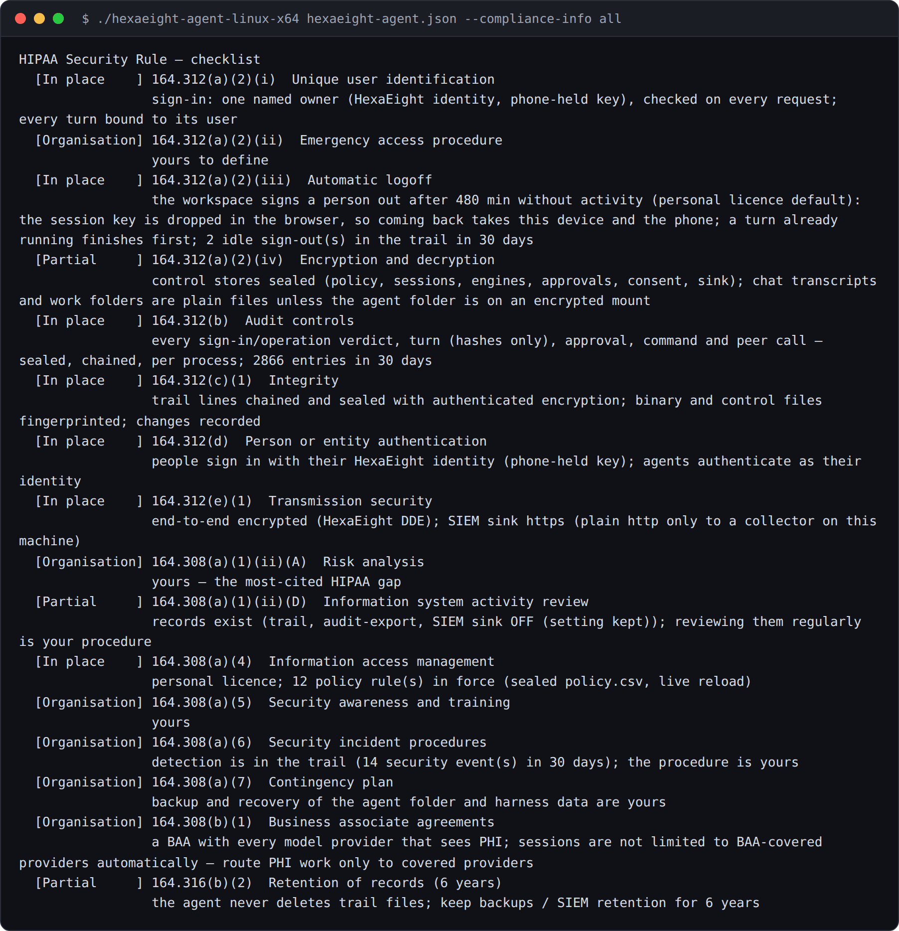 Terminal: the HIPAA Security Rule checklist, each line with its status (In place, Partial or Organisation), the section of the rule and the evidence.