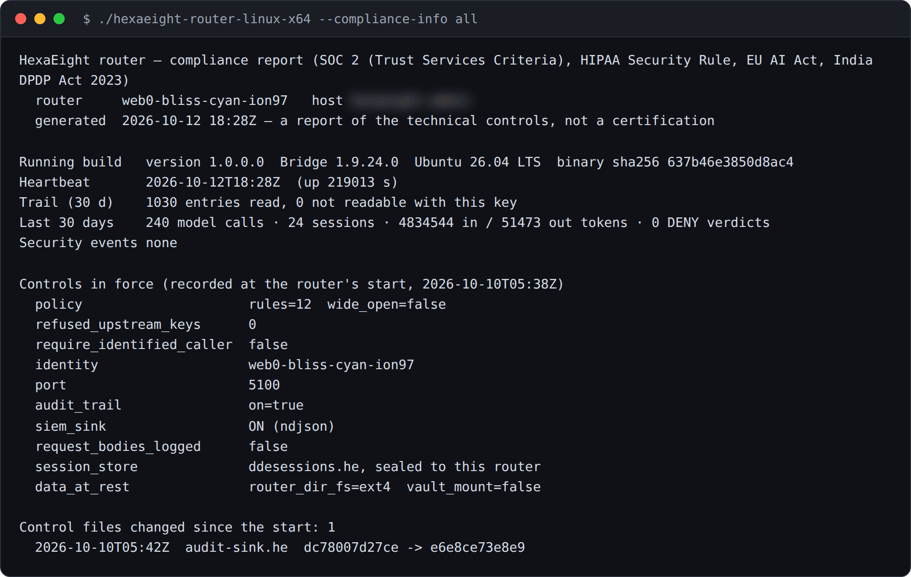 Terminal: the router's report header, running build, heartbeat, trail, model calls and tokens over the last 30 days, security events, the controls in force at its start, and the one control file that changed.