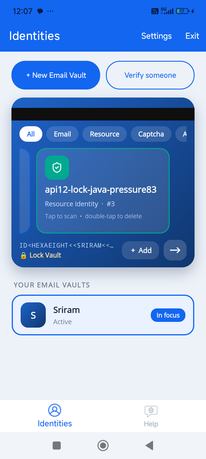 The Authenticator showing a generated resource identity listed under an email vault.
