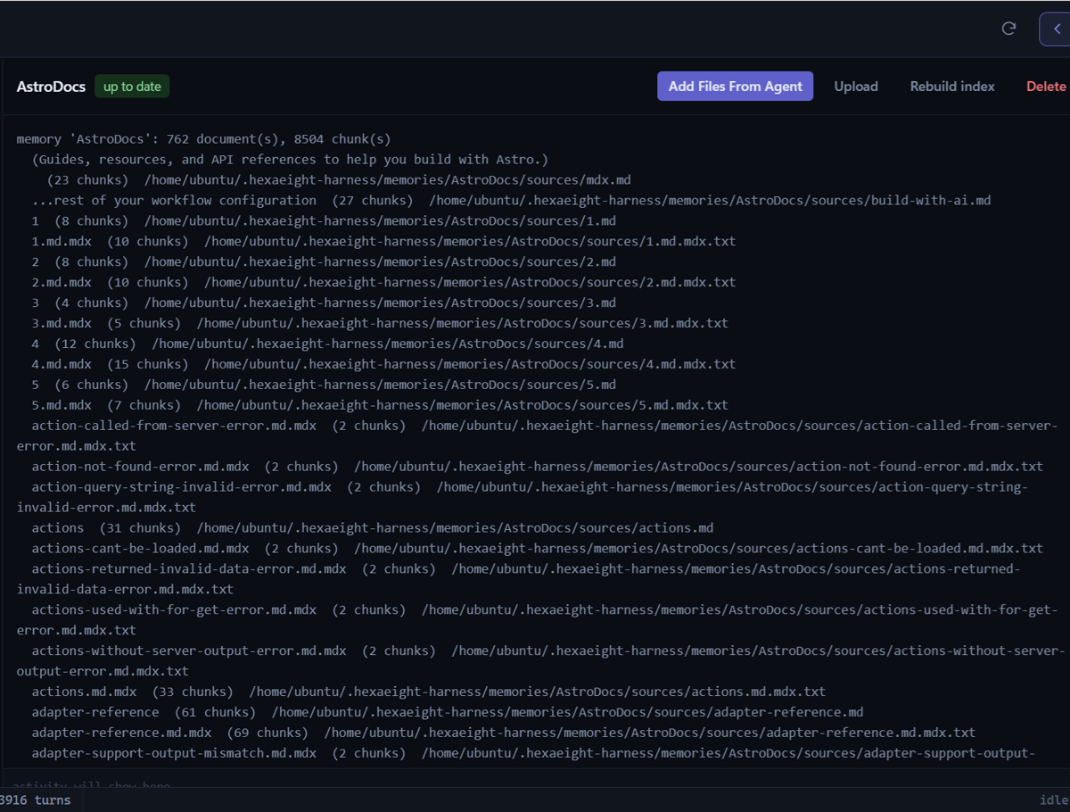 The Memory pane: one collection, its document and chunk counts, and the controls