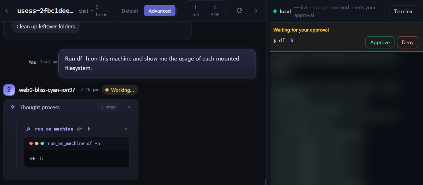 Waiting for your approval: the command df -h, with Approve and Deny.