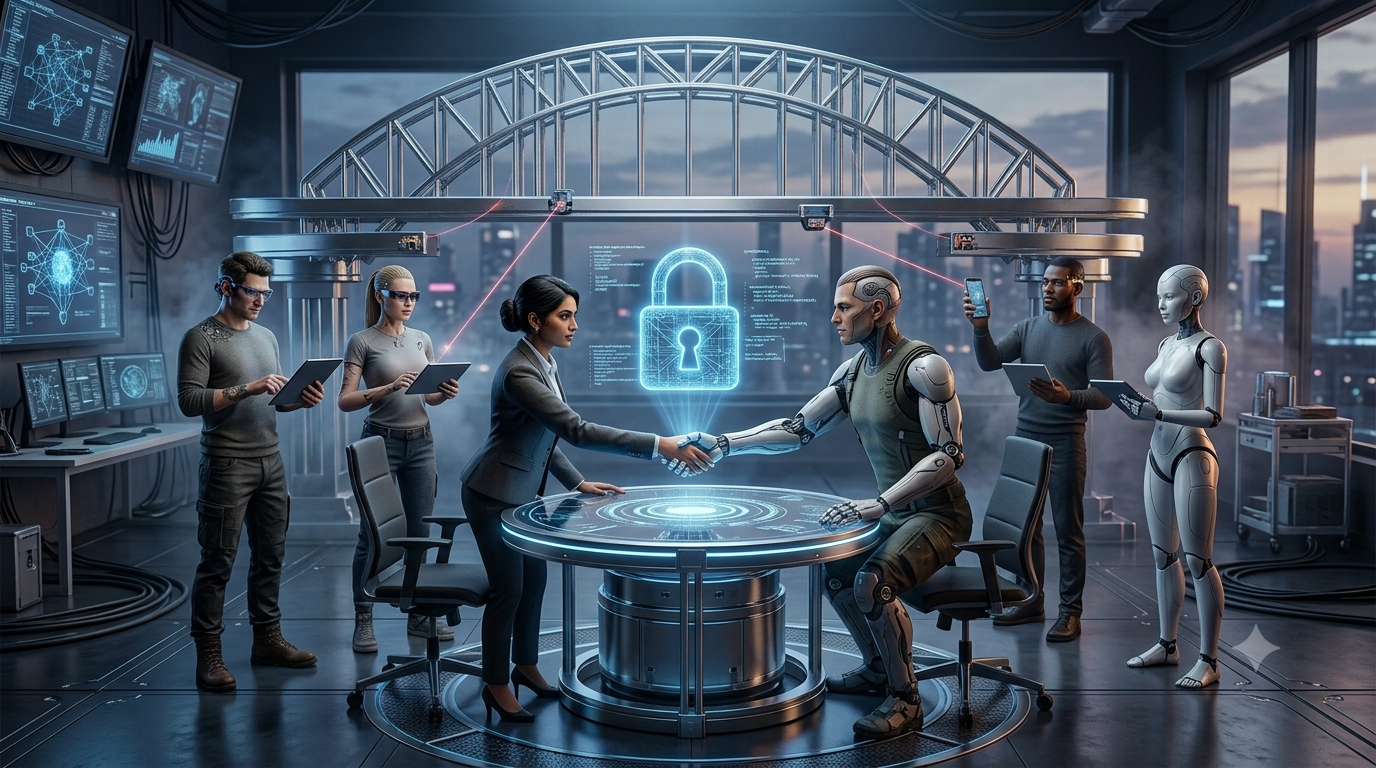 HexaEight's bridge issues cryptographic keys to each party in a secure lab: a human and an AI agent connect directly in an authenticated handshake over a padlock, with other agents and humans present.