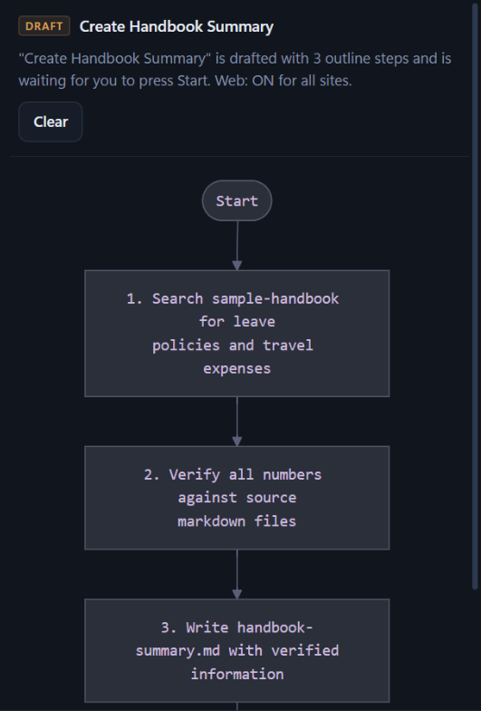 A drafted HexaPilot job, Create Handbook Summary: three numbered steps, waiting for you to press Start.