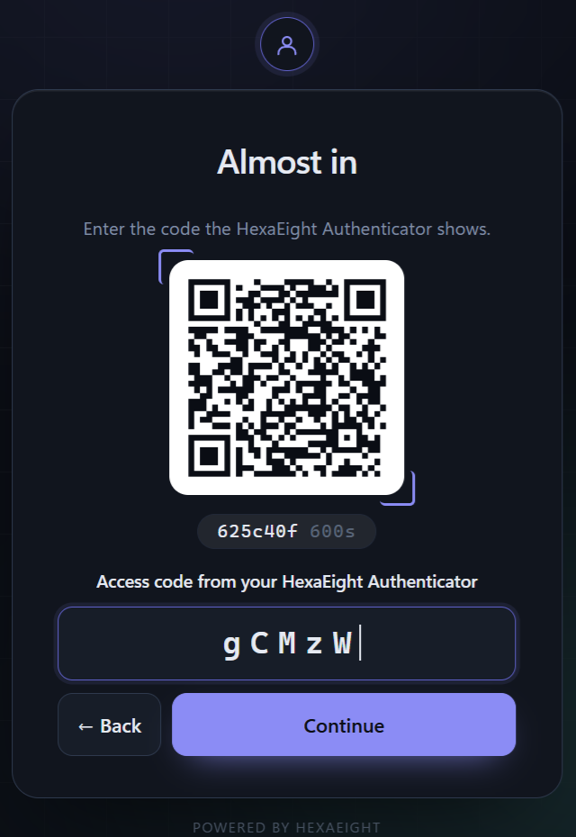 Signing in: scan the QR code with the HexaEight Authenticator, then type the access code it shows.